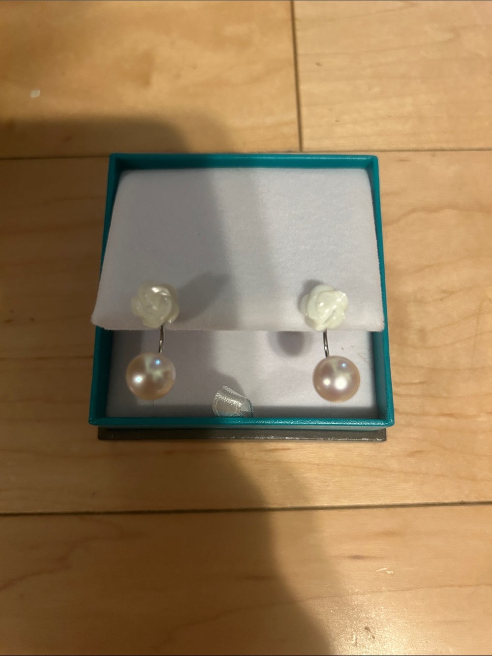 Pearl Drop Earrings with White Rose Accent - Women Jewelry